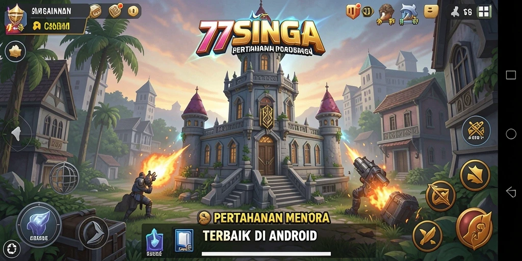 Tampilan gameplay 77SINGA dengan menara pertahanan yang aktif.