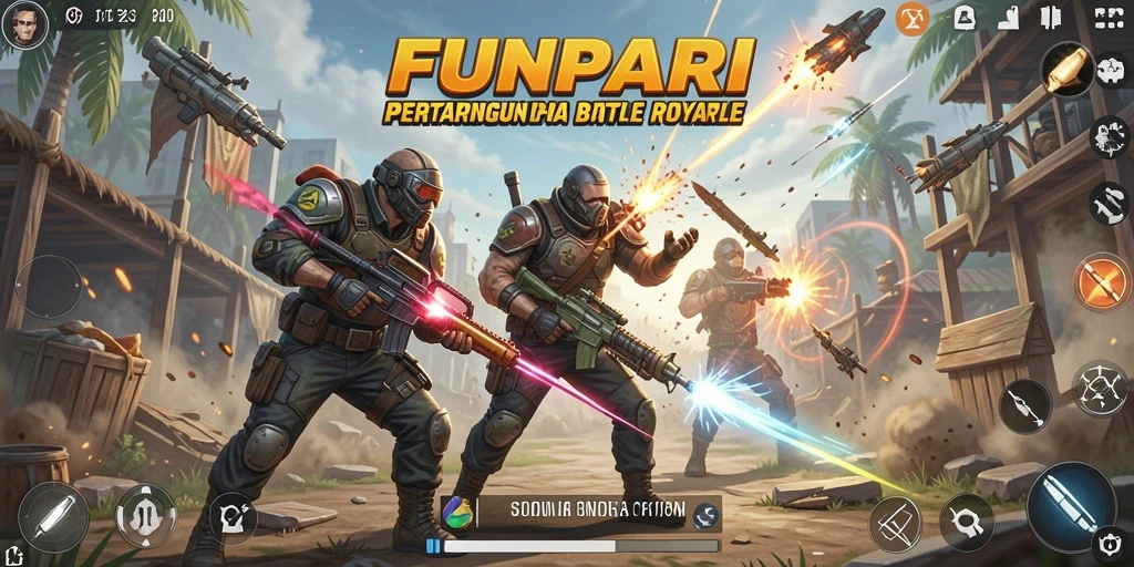 Screenshot gameplay FUNPARI yang menampilkan pertarungan intens Battle Royale.