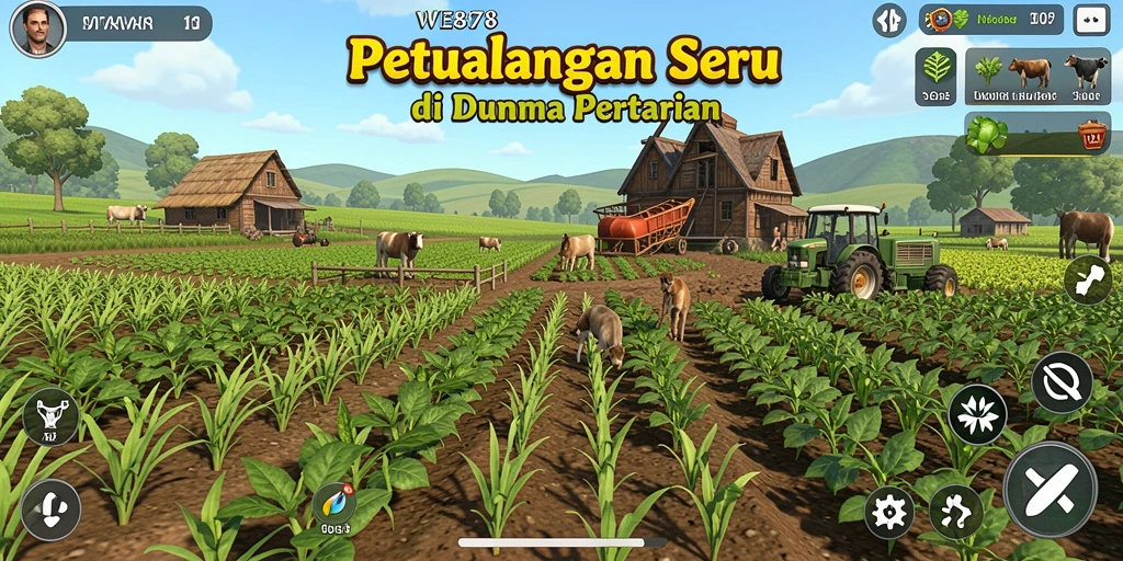 Tampilan gameplay WE878 dengan ladang yang subur dan hewan ternak.